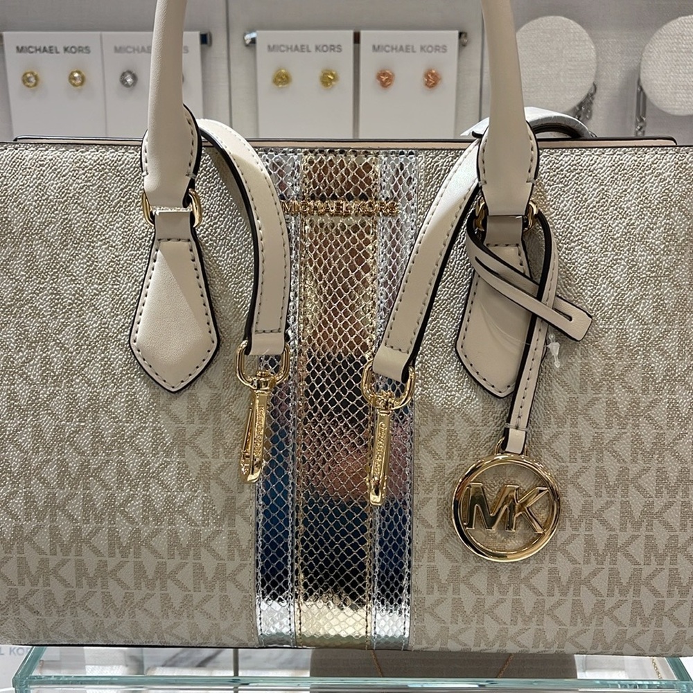 Michael Kors Sheila Medium Signature Logo and Metallic Satchel Crossbody CZ NWT - Picture 5 of 16